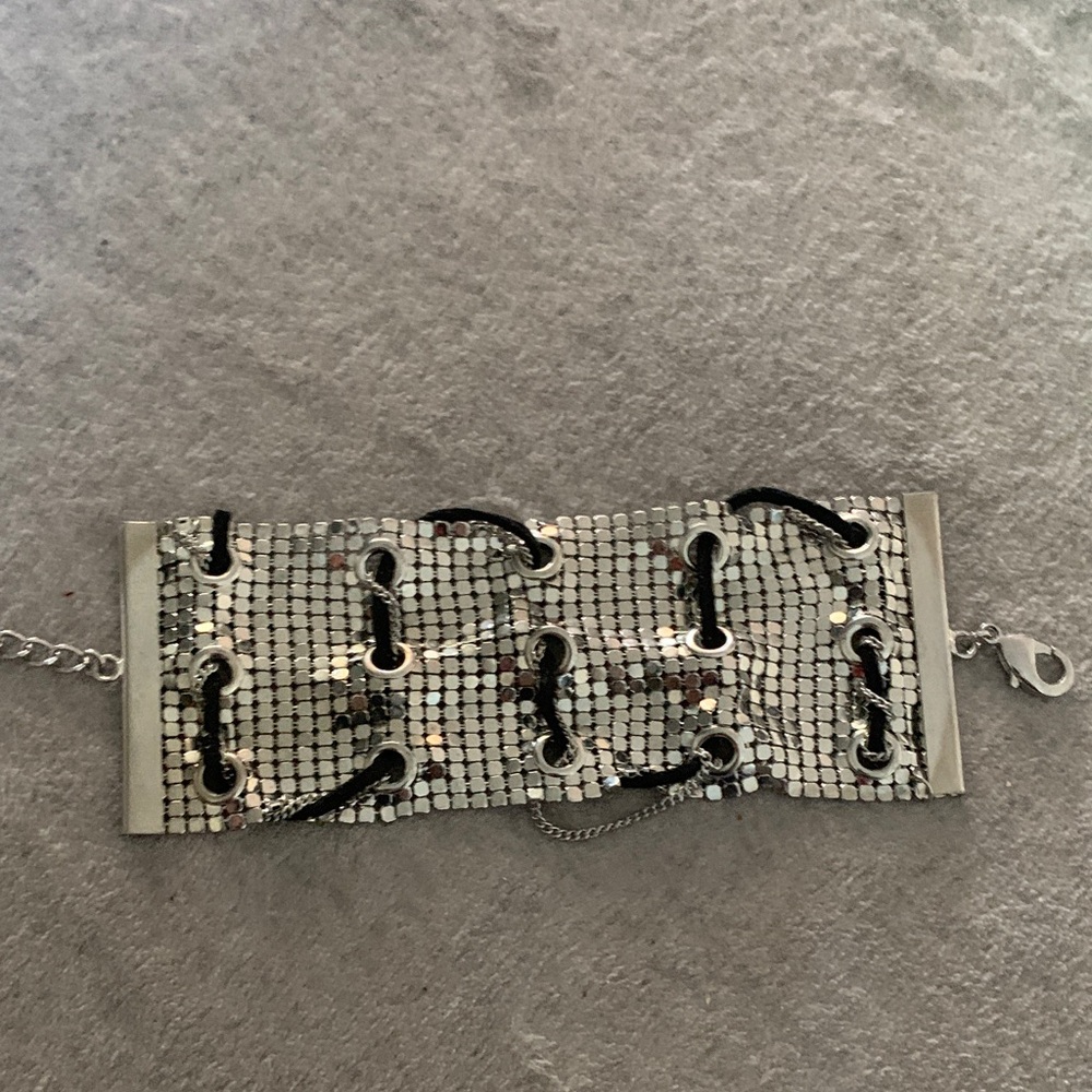 GUESS Silver Mesh Bracelet with Black Cord Accents
